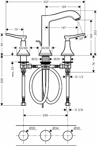Смеситель HANSGROHE Metropol Classic 31331000 для раковины на 3 отверстия хром купить