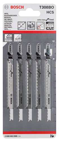 Пилка для лобзика Bosch T308BO ( 5шт)Extraclean for Wood 5-50мм дерево, фанера (2608663868) купить