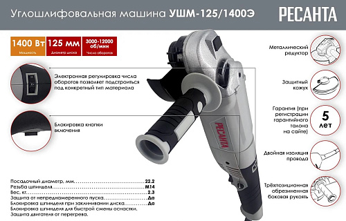Шлифмашина угловая УШМ-125/1400Э 1400 Вт Ресанта 75/12/5 купить