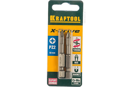 Бита X-DRIVE PZ2*50мм 2шт E1/4  торсионные KRAFTOOL 26123-2-50-2 купить