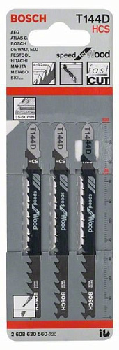 Пилка для лобзика Bosch T144D HCS Speed for Wood по дереву 5-50мм 3 штуки 2608630560 купить