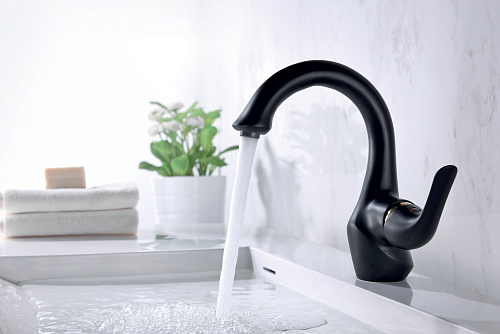 Смеситель Lemark Swan LM5406BG для раковины с донным клапаном черный/золото купить