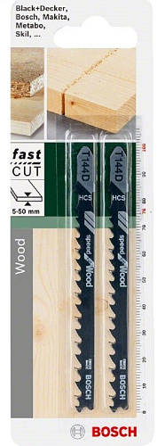 Пилка для лобзика Bosch T144D HCS Speed for Wood по дереву 5-50мм 2 штуки 2609256718 купить
