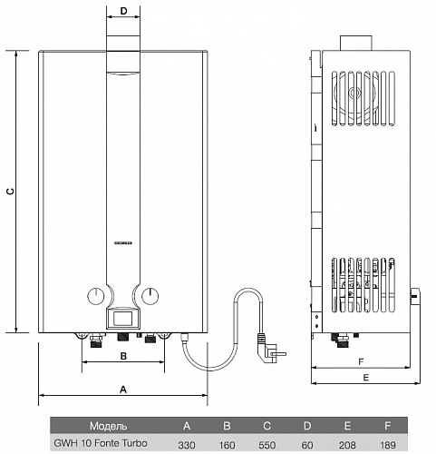 Водонагреватель проточный газовый GWH 10 Fonte Turbo 20кВт 10л/мин, Zanussi НС-1139058 купить