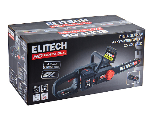 Пила цепная аккумуляторная Elitech HD CS 4016BLК (3/8"-1.1-56) 40В шина 41см б/щет 1акк*4.0 а/ч+з/у (E1611.027.01) купить