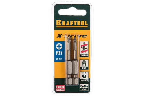 Бита X-DRIVE PZ1*50мм 2шт E1/4  торсионные KRAFTOOL 26123-1-50-2 купить