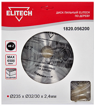 Диск пильный Elitech ф235*32/30*2.4мм зубьев 48 по дереву (1820.056200) купить