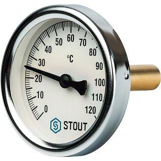 Термометр биметаллический STOUT 63мм с погружной гильзой, гильза 50мм 1/2" 0..120С SIM-0001-635015 купить