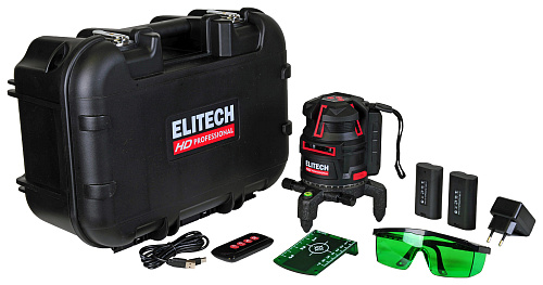 Лазерный нивелир Elitech HD LN 5D GREEN (зеленый) + набор кейс  до 20м/60м(с приемником) ± 0,2мм/м 1гор/4верт+надир купить
