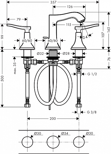 Смеситель HANSGROHE Metropol Classic 31330000 для раковины на 3 отверстия хром купить