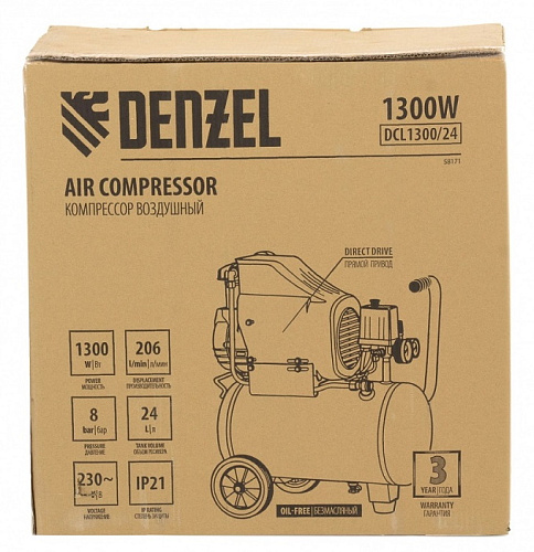 Компрессор воздушный Denzel DLC1300/24 безмасляный 1.3кВт 206л/мин 58171 купить