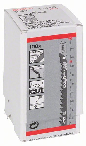 Пилка для лобзика Bosch T144D HCS Speed for Wood по дереву 5-50мм 100 штук 2608637880 купить