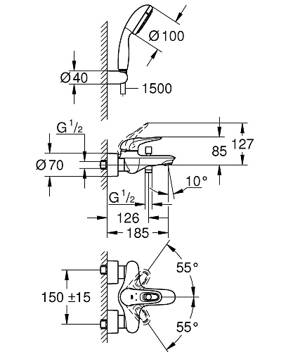 Смеситель Eurostyle для ванны с ручным душем цвет хром GROHE 3359230A купить