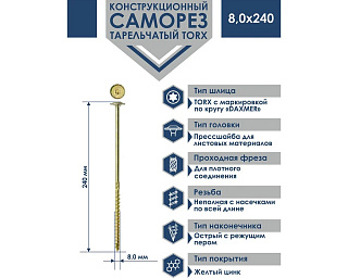 Саморез конструкционный, тарельчатый, прессшайба Torx 8,0*240 50шт желтый цинк Daxmer 00-00453417 купить