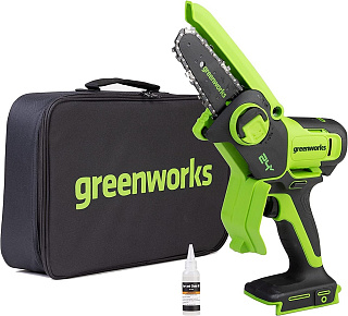 Пила цепная аккумуляторная G24MCS10 1/4"-1.1-26 сумка 24В шина-4"/10см щет 1*2Ач и зарядное устройства Greenworks 2008207UA купить