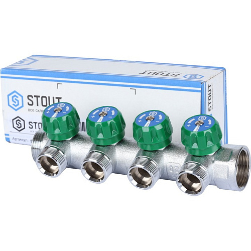 Коллектор c регулирующими вентилями Stout 4 отвода 1"*3/4"ЕК SMB-6850-013404 купить