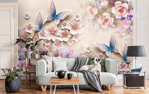 Фотообои "Цветочное изобилие с бабочками" фактура песок 3*2.4м DesignStudio 3D BR-026 купить