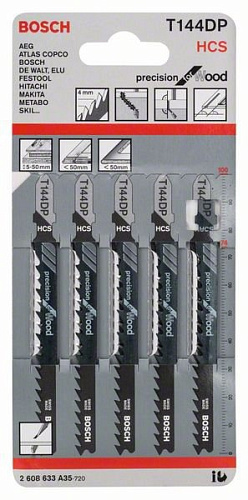 Пилка для лобзика Bosch T144DP HCS Precision for Wood по дереву 5-50мм 5 штук 2608633А35 купить