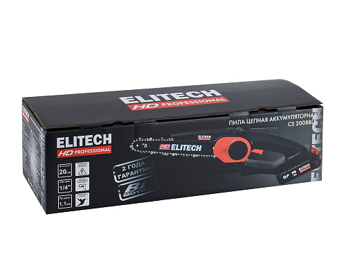 Пила цепная аккумуляторная ELITECH HD CS 2008BLK (бесщеточный двигатель) 20В (1акк*2.0а/ч) шина-20 см (1/4"-1.1-45) (E1611.016.00) купить