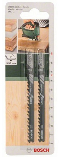 Пилка для лобзика Bosch T144DP HCS Precision for Wood по дереву 5-50мм 2 штуки 2609256726 купить
